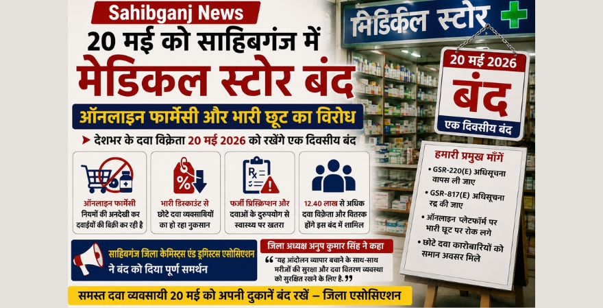 साहिबगंज में 20 मई को बंद रहेंगी मेडिकल दुकानें